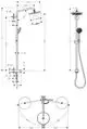 Hansgrohe Duschelement mit Regenbrause und Handbrause, verbunden durch eine zentrale Stange. Enthält maßliche Angaben und Montagehinweise.